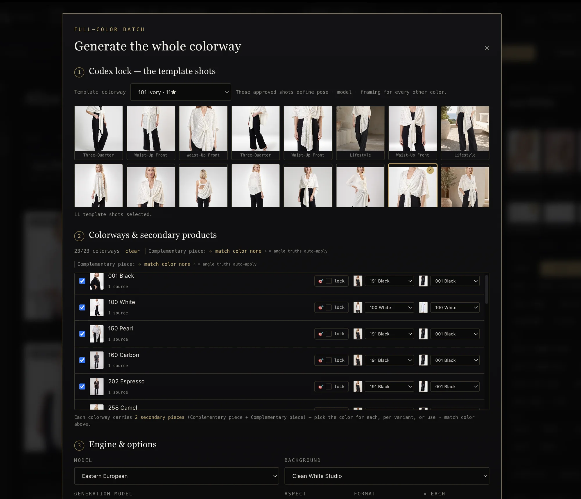 Full-color batch — template shots locked, 23 colorways queued, engine options