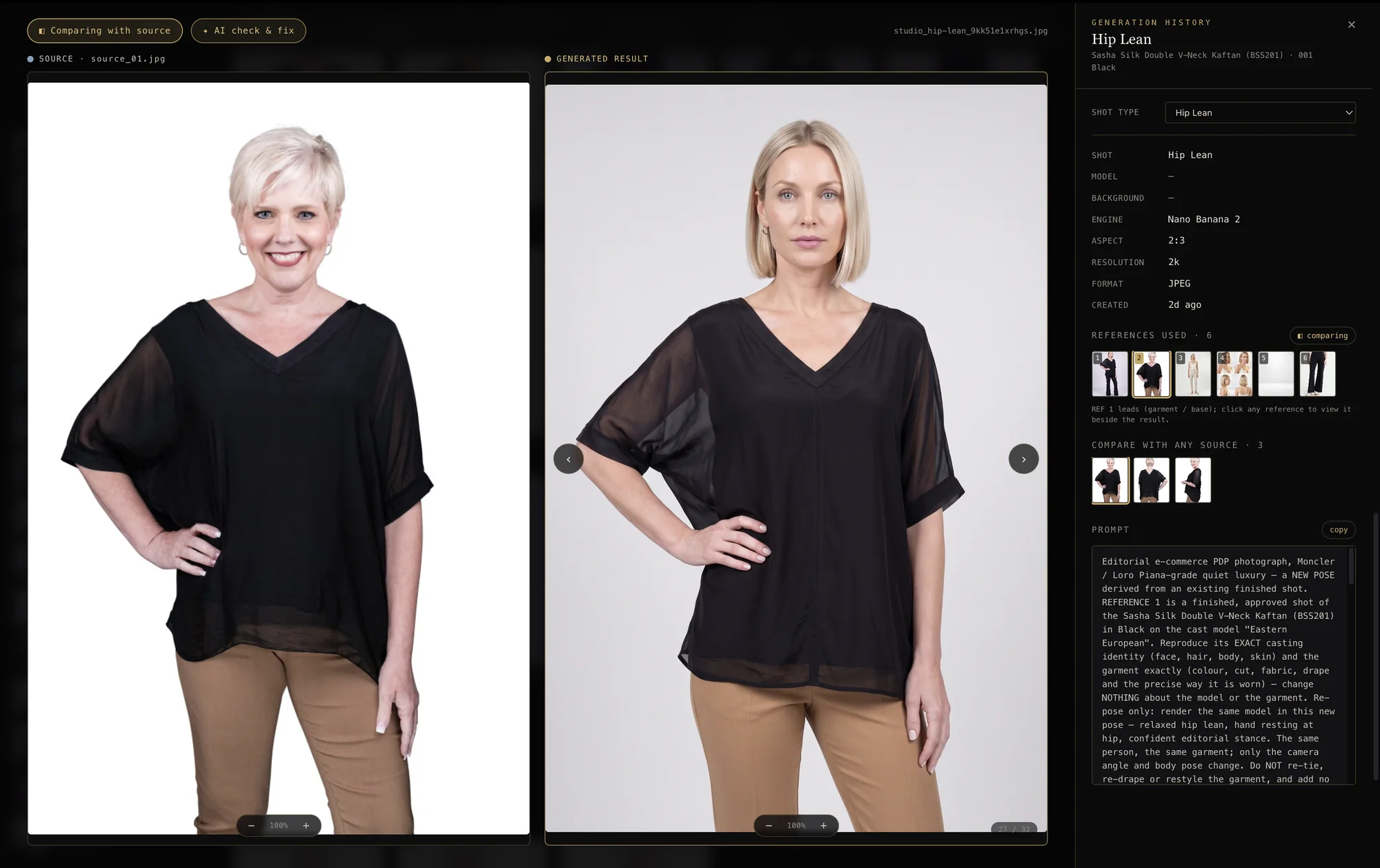 Compare with source — the generated frame beside the client's own photo, with the full generation record