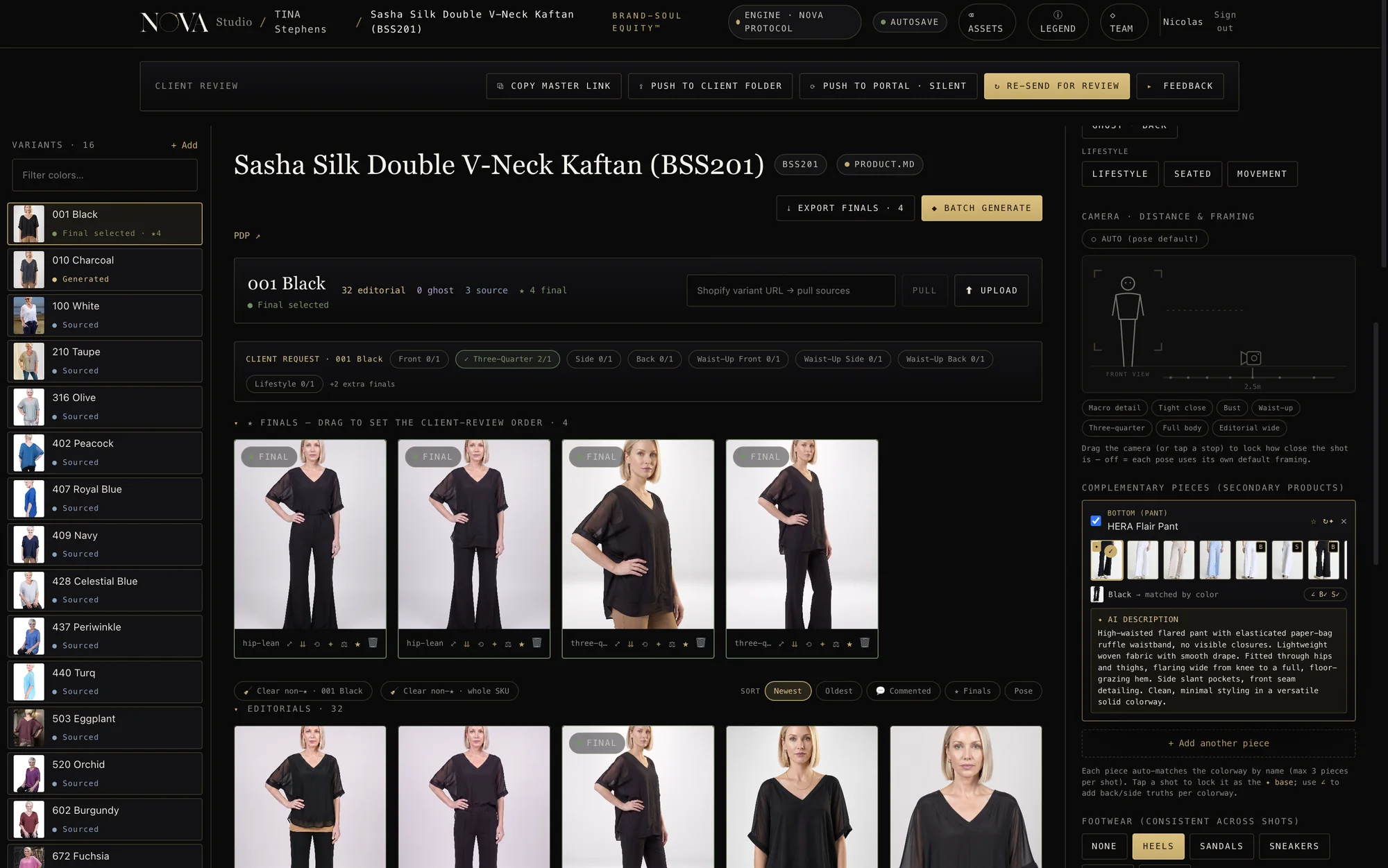 A SKU workspace — variants rail, finals row, camera framing law and complementary pieces