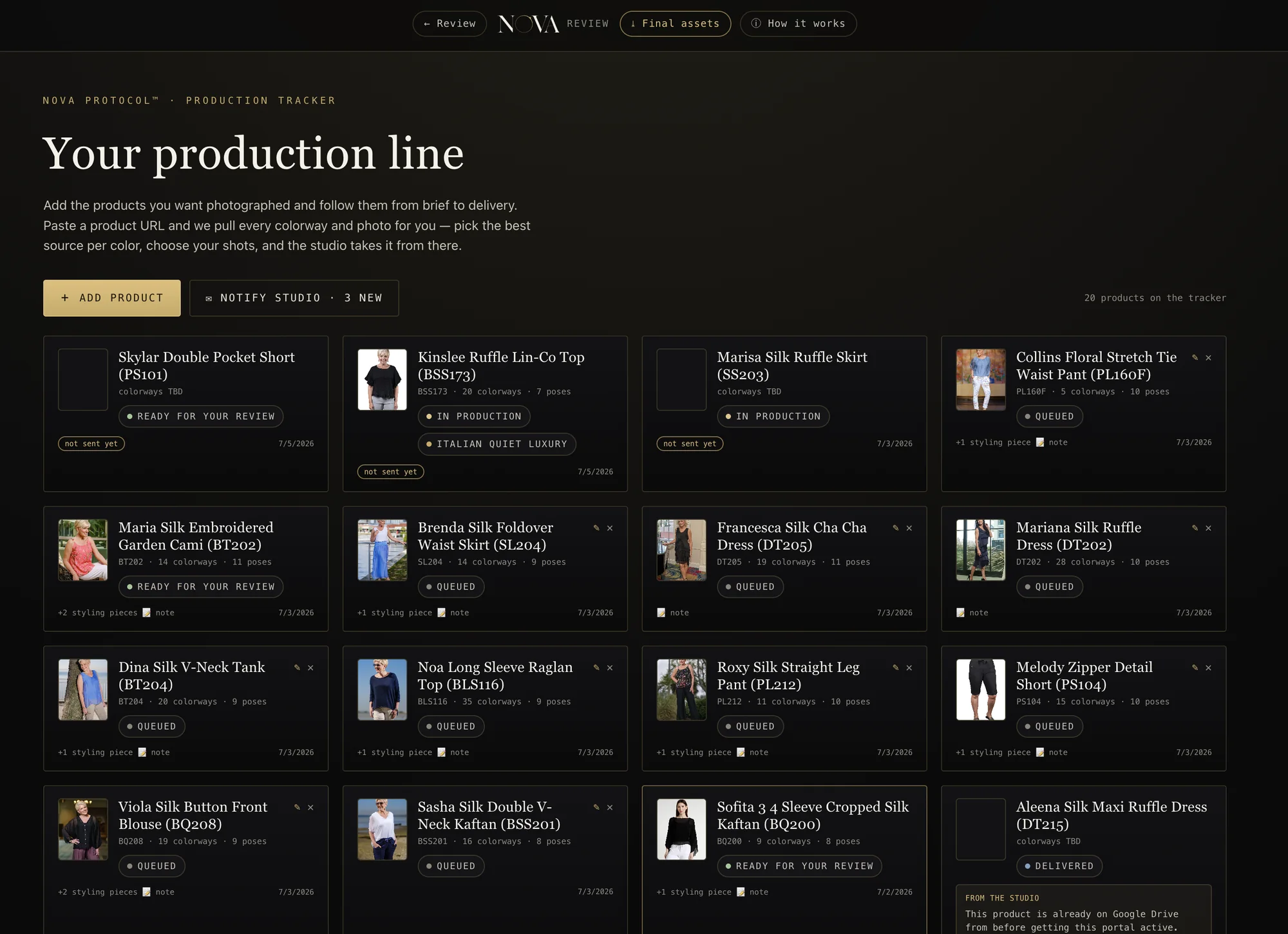 The production tracker — twenty products moving from brief to delivery